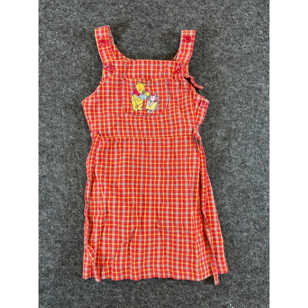 Vintage 90s Disney Winnie the Pooh Plaid Pinafore Jumper Dress Red Girls 3-4